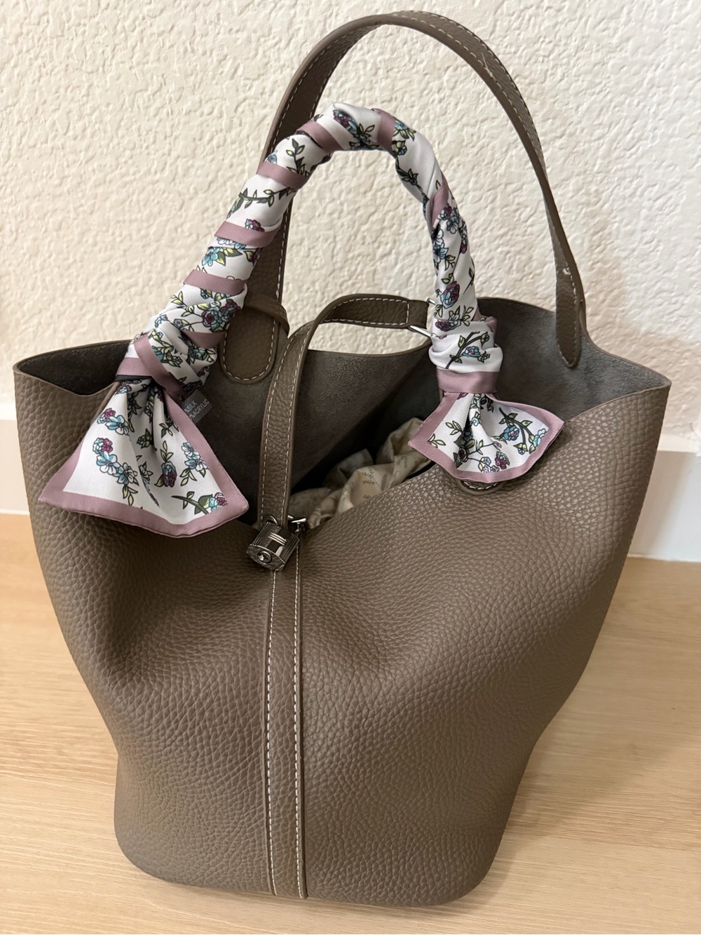 Taupe Tote with Floral-Accent scarf included
